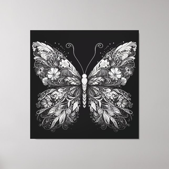 Impressão Em Tela Floral Patterned Butterfly in White Ink Design (Frente)
