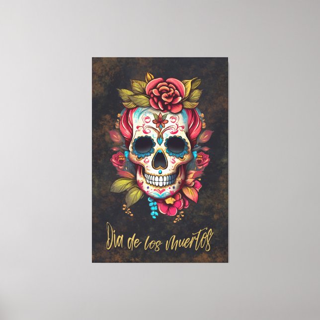 Impressão Em Tela Floral Sugar Skull Día de los Muertos Espanha (Frente)