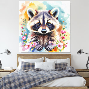 Impressão Em Tela Floral Watercolor Raccoon