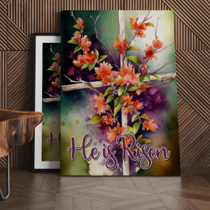 Impressão Em Tela Floral Wood Christian Cross, Ele é Risen Páscoa