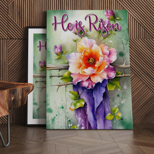 Impressão Em Tela Floral Wood Christian Cross, Ele é Risen Páscoa