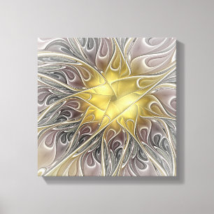 Impressão Em Tela Floreio Com Dourada Flor Fractal Abstrato Moderna
