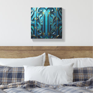 Impressão Em Tela Floreio Deco Azul e Dourado