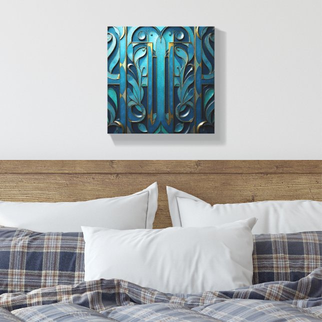 Impressão Em Tela Floreio Deco Azul e Dourado (Insitu(Quarto))