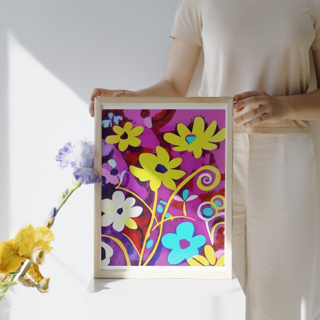 Impressão Em Tela Flores Amarelas abstrato na Viva Magenta (Criador carregado)