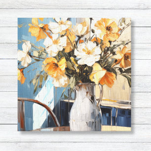 Impressão Em Tela Flores Amarelas e Brancas na Parede Azul Vase