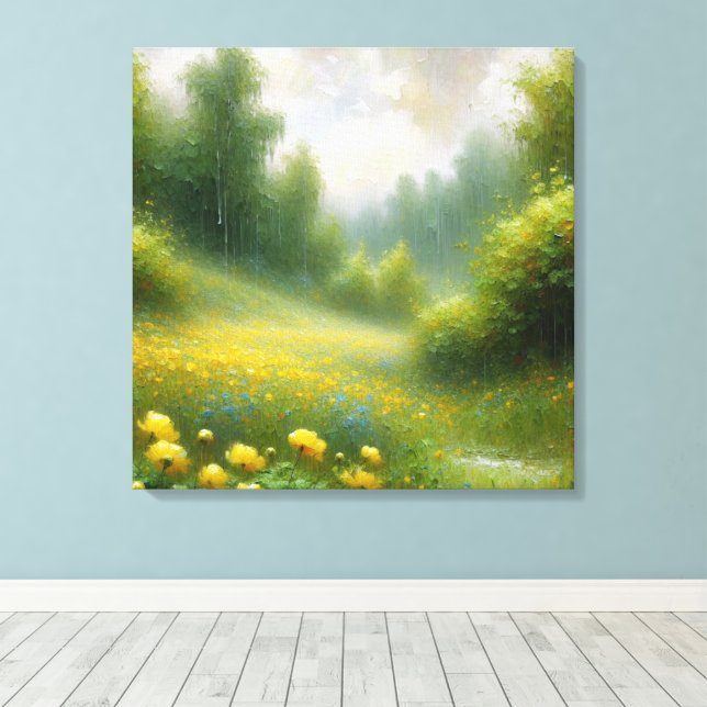 Impressão Em Tela Flores Amarelas em um Dia de Chuva (Insitu(piso de madeira))