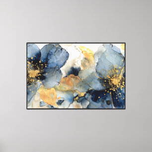 Impressão Em Tela Flores Azuis com Centros Dourados – Arte Abstrata 