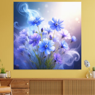 Impressão Em Tela Flores Azuis Delicadas com Névoa Etérea