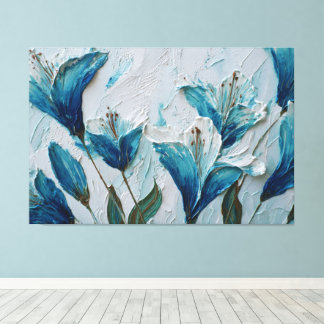 Impressão Em Tela Flores Azuis e Brancas Arte Abstrata Texturizada n