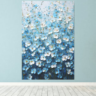 Impressão Em Tela Flores Azuis e Brancas com Abstrato Gradiente