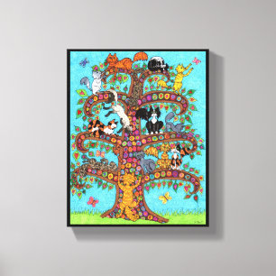 Impressão Em Tela Flores Coloridas De Gatos De Cartoon Em Árvore Mi