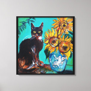 IMPRESSÃO EM TELA FLORES COM GATO PRETO EM TURQUOISMO AZUL