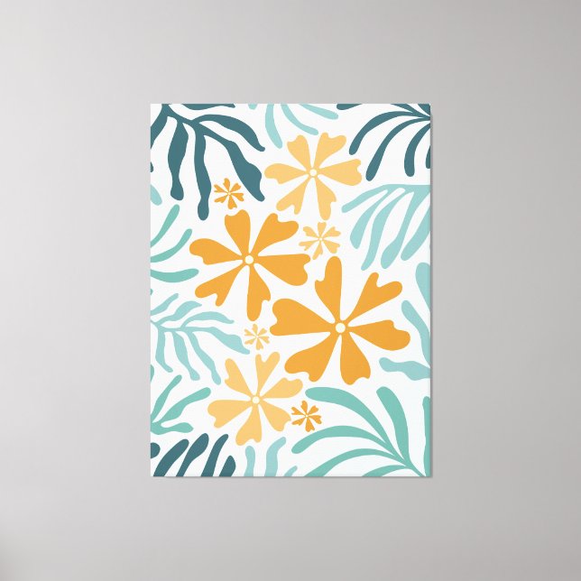 Impressão Em Tela Flores de Groovy e Folhas de Laranja, Teal, Aqua (Frente)