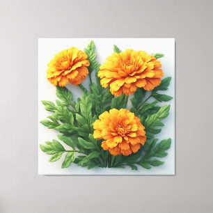 Impressão Em Tela Flores de Marigold Laranja Brilhante Com Folhas Ve