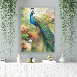 Impressão Em Tela Flores de Pavão Verde Verde Azul Elegante