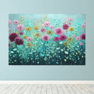 Impressão Em Tela Flores de Rosa, Magenta e Amarelo com Folhas Azul-