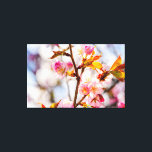 Impressão Em Tela Flores de Sakura Rosa Iluminadas pelo Sol. Cerejei<br><div class="desc">Uma vista aproximada de um aglomerado iluminado pelo sol de flores e botões de sakura frescos e cor-de-rosa em um galho de árvore. O fundo roxo, azul, branco e rosa suave de céu nublado e flores de cerejeira. Uma pintura digital extragrande feita a partir de uma fotografia. Impressão em tela...</div>
