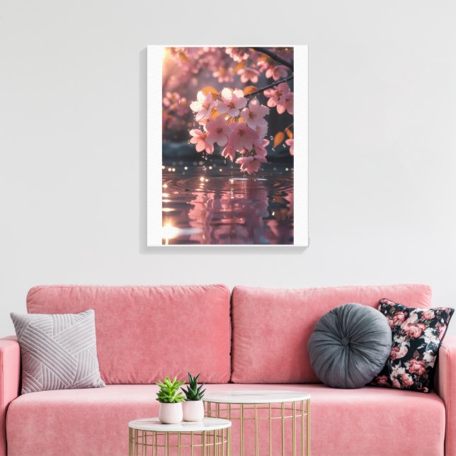 Impressão Em Tela Flores De Sakura Rosa Sobre Água | Serene Primaver (Insitu(Sala de estar))