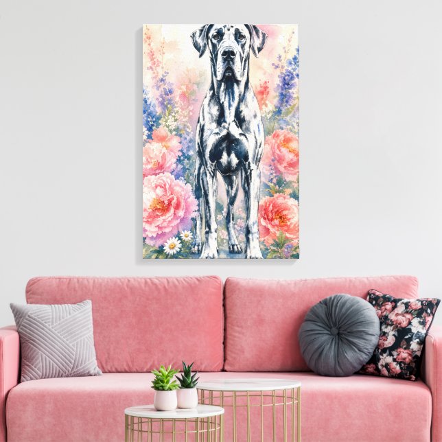Impressão Em Tela Flores de Verão e Dogue Alemão (Insitu(Sala de estar))