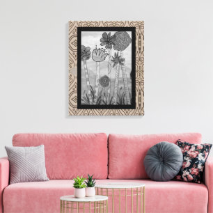 Impressão Em Tela Flores e Caules Divertidos Preto e Branco
