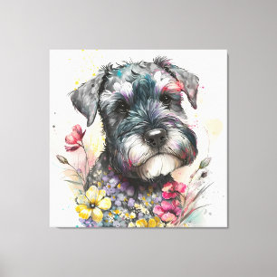 Impressão Em Tela Flores em Aquarela e Cachorrinho Schnauzer
