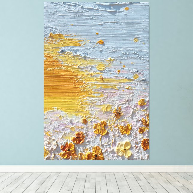 Impressão Em Tela Flores iluminadas pelo sol com textura azul e lara (Insitu(piso de madeira))