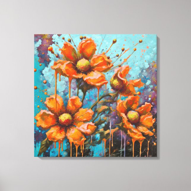 Impressão Em Tela Flores Laranjas Com Gotas de Tinta (Frente)