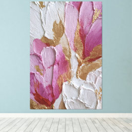 Impressão Em Tela Flores Rosa e Branca com Textura Dourada Abstrata