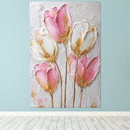 Impressão Em Tela Flores Rosa e Branca com Textura Dourada Abstrata