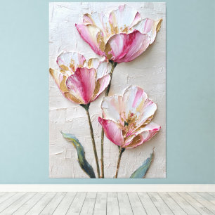Impressão Em Tela Flores Rosa e Branco com Textura Dourada Abstrata