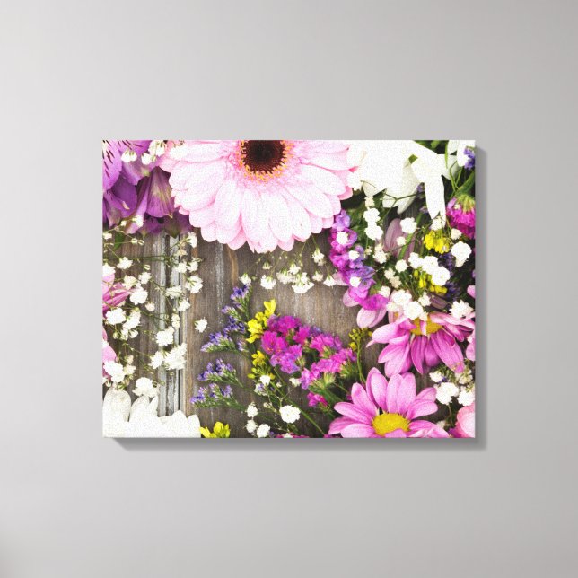 Impressão Em Tela Flores roxas e rosa na madeira (Frente)