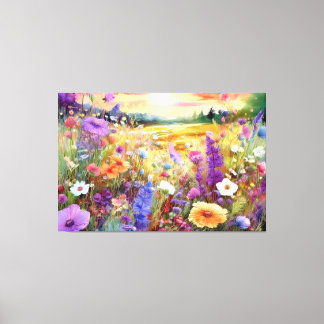 Impressão Em Tela Flores silvestres ao pôr do sol em aquarela