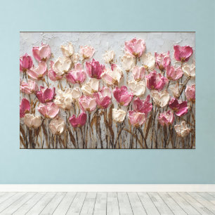 Impressão Em Tela Flores Texturizados Abstratos Rosa, Creme e Branco