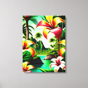 Impressão Em Tela Flores Tropicais e Palmeiras