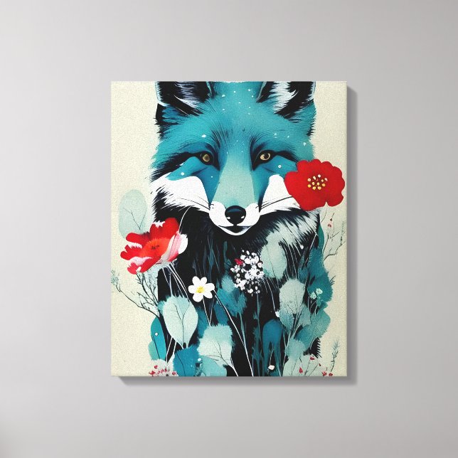 Impressão Em Tela Flores Vermelhos e Brancos de Raposa Azul (Frente)
