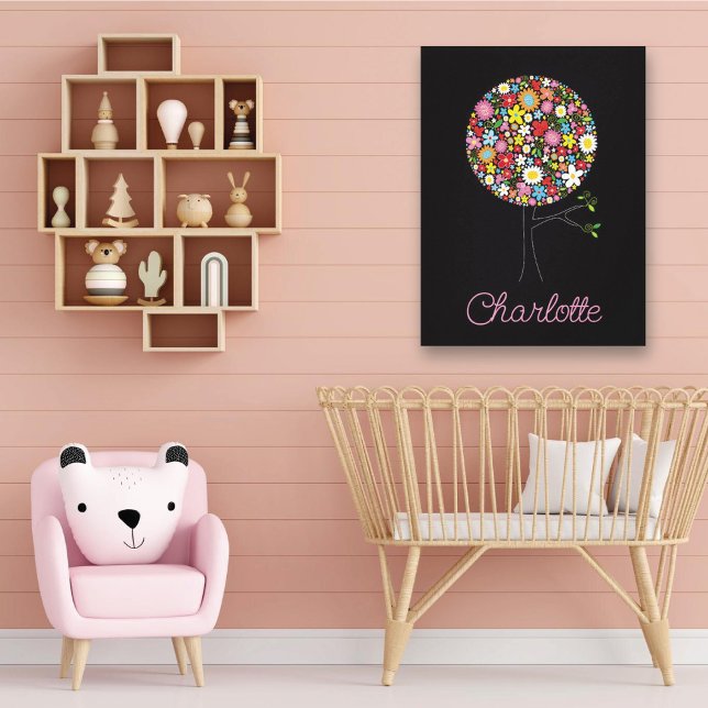 Impressão Em Tela Flores Whimsical Spring Flores Pop Tree Engraçado  (Whimsical Colorful Spring Flowers Pop Tree Cute Nursery Art Canvas Print @ fat_fa_tin)