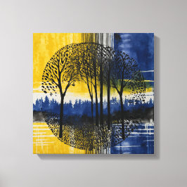 Impressão Em Tela Floresta amarela azul de pôr do sol Arte aquarela