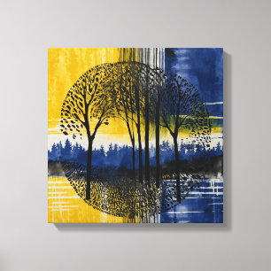 Impressão Em Tela Floresta amarela azul de pôr do sol Arte aquarela