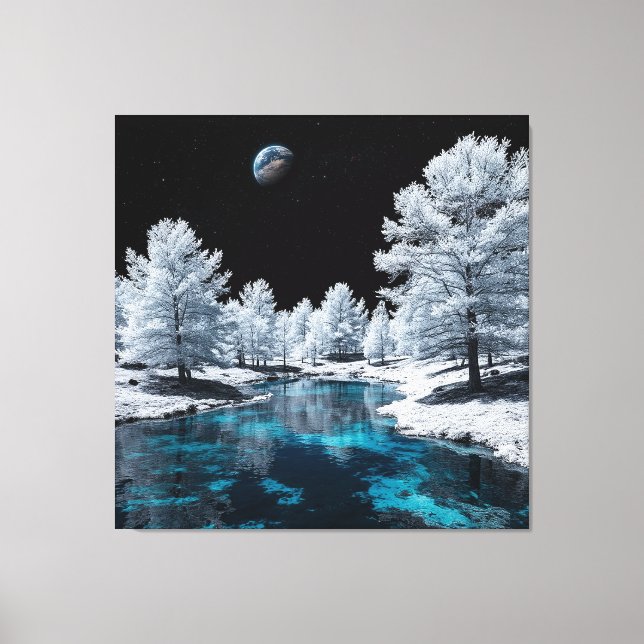 Impressão Em Tela Floresta Coberta de Neve e Lago Tranquilo Sob o Cé (Frente)
