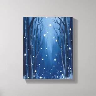 Impressão Em Tela Floresta de Inverno Azul com Neve Caindo Pintada e