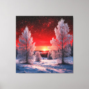 Impressão Em Tela Floresta de Inverno Nevada sob Pôr do Sol Vermelho