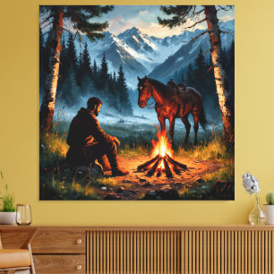 Impressão Em Tela Floresta Montanhosa com Cavalo ao Crepúsculo