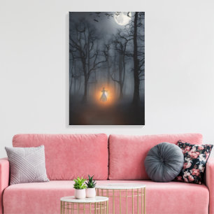 Impressão Em Tela Floresta Nebulosa ao Luar e Figura Brilhante em Te