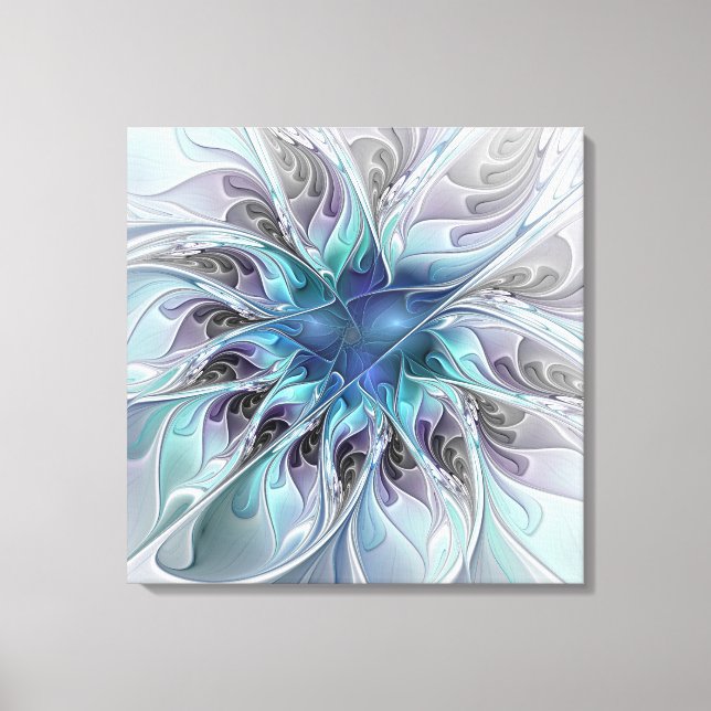 Impressão Em Tela Flourish Abstrato Modern Flower W. Blue Triptych (Frente)
