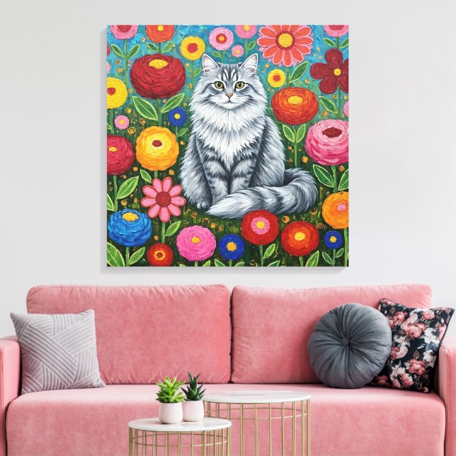 Impressão Em Tela Fluffy Gray Striped Cat with Folk Art Flowers (Insitu(Sala de estar))