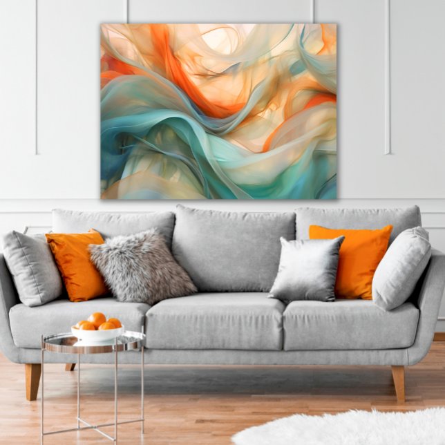Impressão Em Tela Fluxo Translúcido: Abstrato em Laranja, Taupe, Tea (Printed Canvas Art Abstract Translucent Flowing Silk in teal, orange, and neutrals Modern )