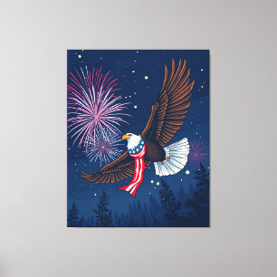 Impressão Em Tela Flying Bald Eagle with USA Flag Scarf & Fireworks