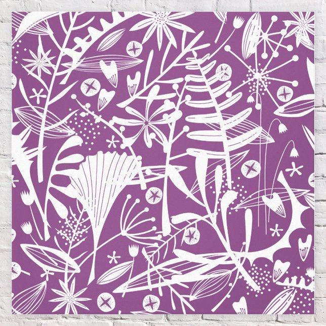 Impressão Em Tela Folhas Botânicas Silhouette Purple e White (Botanical leaves and flowers purple canvas art print)