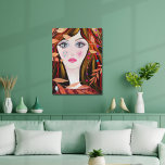 Impressão Em Tela Folhas Coloridas De Rosto Cômico<br><div class="desc">Uma pintura brilhante e colorida de uma garota branca com olhos grandes,  e cabelos pretos com realces vermelhos e amarelos. Motivos de folha,  estrela e coração completam a foto.</div>